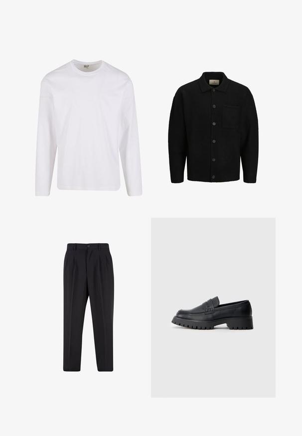 Sort strikket cardigan med krave, foran knaplukning, struktureret stof og en enkelt påsyet lomme på venstre side.; Hvid langærmet t-shirt lavet af blød bomuld, med en rund halsudskæring og et enkelt, sømløst design uden grafiske mønstre eller pynt.; Sorte skræddersyede bukser med forreste læg, bæltestropper og knaplukning i taljen.; Sorte læder loafers med en rund tå, prydet med en dekorativ rem og en kraftig gummisål med dybe riller for grip.