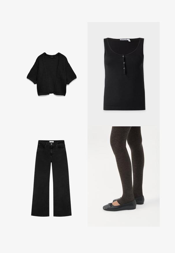 Cardigan noir en maille avec ouverture sur le devant, manches courtes larges et coupe ample.; Débardeur noir sans manches avec encolure dégagée et trois petits boutons au centre devant. L'étiquette indique "WEEKDAY."; Jean large noir taille haute avec poches avant et poches à monnaie, fermeture à bouton et passants de ceinture.; Jambes portant des leggings côtelés foncés associés à des ballerines noires avec de petits détails en nœud sur fond blanc.