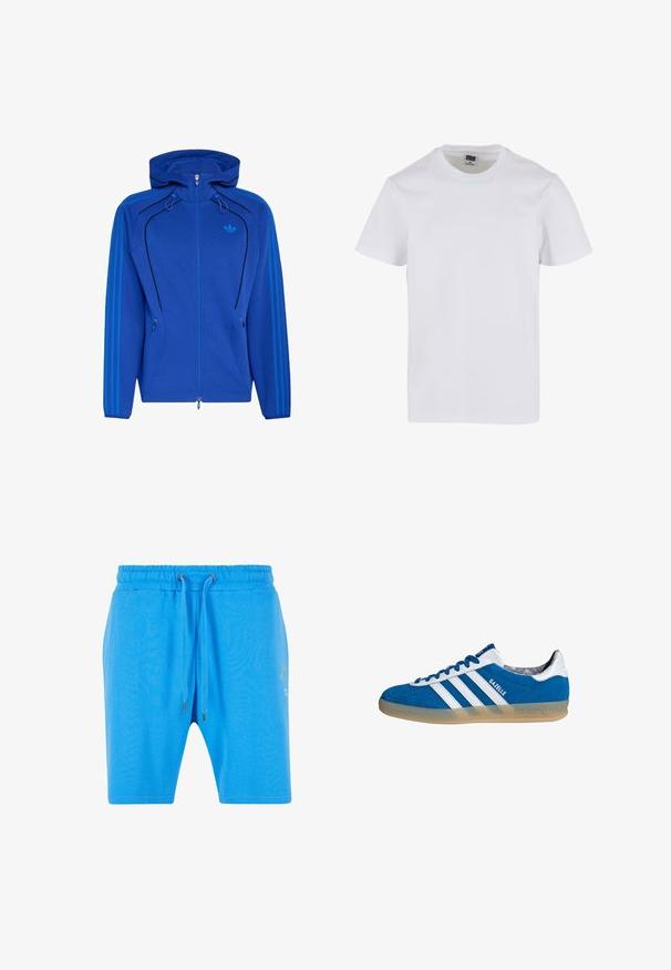 Blauer Kapuzenpullover mit Reißverschluss und Adidas-Trefoil-Logo, drei hellere blaue Streifen an den Ärmeln, schwarzem geschwungenem Paspel und verstellbaren Kapuzenkordeln.; Weißes Baumwoll-T-Shirt mit rundem Ausschnitt, kurzen Ärmeln und lockerer Passform. Glatte Textur ohne sichtbare Muster oder Akzente.; Blaue Baumwollshorts mit elastischem Bund, Kordelzugverschluss und dezentem grafischen Detail an der Seite. Glatte Textur und lockere Passform.; Blauer und weißer Adidas Gazelle Sneaker mit Gummisohle und drei weißen Streifen, aus der Seitenansicht auf weißem Hintergrund.