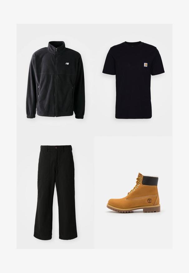 Zwarte fleecejack met een ritssluiting aan de voorkant, hoge kraag, twee zijzakken en elastische manchetten. New Balance-logo in het wit op de bovenste linkerzijde.; Zwarte katoenen t-shirt met korte mouwen, ronde hals en een borstzak met een klein, vierkant logo patch. Eenvoudig, stevig ontwerp.; Zwarte wijde broek van zachte stof, met voorzakken en een knoopsluiting in de taille. Minimalistisch ontwerp zonder zichtbare patronen.; Bruine leren enkellaars met metalen oogjes, witte faux bont voering, zwarte gewatteerde kraag, robuuste zool en een reliëflogo aan de zijkant.
