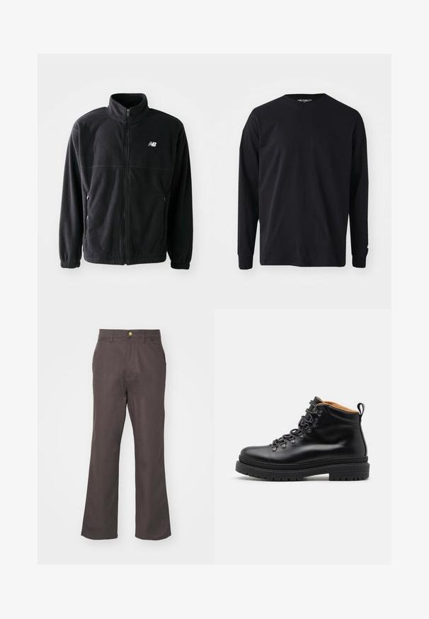 Veste en polaire noire avec fermeture éclair à l'avant, col haut, deux poches latérales et poignets élastiques. Logo New Balance en blanc sur le côté supérieur gauche.; T-shirt noir à manches longues en coton, avec un col rond et une coupe droite, présentant un petit logo sur la manche.; Pantalon marron à jambes droites en coton. Présente une fermeture à bouton à l'avant, des passants de ceinture et des poches latérales. Design simple et épuré.; Zign by Zalando LEATHER - Bottines à lacets - black
