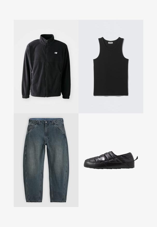 Chaqueta de forro polar negra con cremallera frontal, cuello alto, dos bolsillos laterales y puños elásticos. Logo de New Balance en blanco en la parte superior izquierda.; Camiseta negra sin mangas con costillas, escote redondo y etiqueta de la marca Weekday en el interior del cuello trasero.; Vaqueros de mezclilla de color gris oscuro de talle alto con bolsillos delanteros inclinados, cierre de botón, trabillas para el cinturón y piernas ligeramente entalladas.; Zapato negro de tipo slip-on con un diseño acolchado, hecho de material acolchado. Presenta una suela de goma texturizada y una pequeña lengüeta en la parte trasera.
