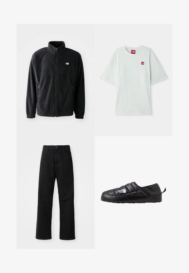 Veste en polaire noire avec fermeture éclair à l'avant, col haut, deux poches latérales et poignets élastiques. Logo New Balance en blanc sur le côté supérieur gauche.; T-shirt à manches courtes vert clair en coton doux, arborant une petite étiquette logo rouge sur la zone gauche de la poitrine. Coupe décontractée et col rond.; Pantalons en denim noir à coupe droite, avec poches avant, fermeture éclair et un seul bouton supérieur. Tissu texturé avec une finition mate.; Chaussure noire à enfiler avec un design matelassé, fabriquée en matériau rembourré. Elle présente une semelle en caoutchouc texturée et une petite languette à l'arrière.