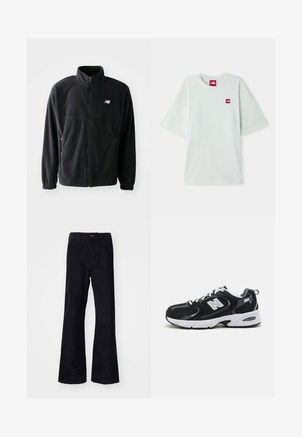 Zwarte fleecejack met een ritssluiting aan de voorkant, hoge kraag, twee zijzakken en elastische manchetten. New Balance-logo in het wit op de bovenste linkerzijde.; Lichtgroene T-shirt met korte mouwen van zachte katoen, voorzien van een klein rood logo label op de linker borst. Ontspannen pasvorm en ronde halslijn.; Zwarte, katoenen flared broeken met een traditionele tailleband, enkele knoop aan de voorkant en zakken aan de zijkanten en achterkant. Glad textuur.; Zwarte en grijze sport schoenen met een bovenwerk van mesh en suede, voorzien van een witte tussenzool, veters en een gedurfde "N"-logo aan de zijkant.