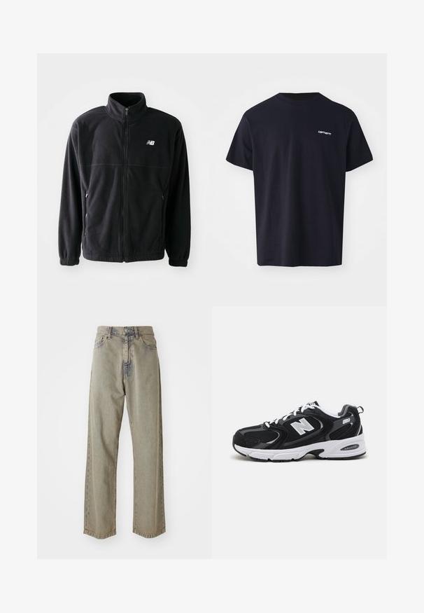 Schwarze Fleecejacke mit Reißverschluss vorne, hohem Kragen, zwei seitlichen Taschen und elastischen Bündchen. New Balance-Logo in Weiß auf der oberen linken Seite.; Schwarzes Baumwoll-T-Shirt mit kurzen Ärmeln, Rundhalsausschnitt und einem dezenten weißen Logo im linken Brustbereich. Glatte Textur, normale Passform.; Helle graue, weit geschnittene Jeans aus Denim, mit einer ausgebleichtenen Textur, sichtbaren Nähten und traditionellem Knopf- und Reißverschluss.; Schwarze und graue Sportschuhe mit Obermaterial aus Mesh und Wildleder, ausgestattet mit einer weißen Zwischensohle, Schnürsenkeln und einem markanten "N"-Logo an der Seite.
