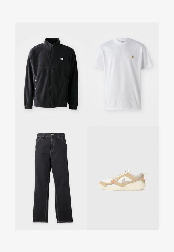 Sort fleecejakke med lynlås foran, høj krave, to sidelommer og elastiske manchetter. New Balance-logo i hvidt på den øverste venstre side.; Hvid bomulds t-shirt med korte ærmer, rund hals og et lille guld logo på venstre brystområde. Blød tekstur og almindelig pasform.; Sorte jeans med lige ben, forlommer, bæltestropper og synlige hvide syninger på en ensfarvet lys grå baggrund.; Hvide og beige sneakers med net- og ruskindspaneler, grå accenter, rødt logo og orange trækflap. Rund tå og polstret således design.