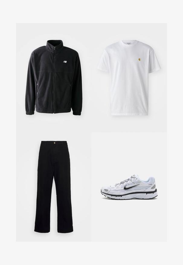 Sort fleecejakke med lynlås foran, høj krave, to sidelommer og elastiske manchetter. New Balance-logo i hvidt på den øverste venstre side.; Hvid bomulds t-shirt med korte ærmer, rund hals og et lille guld logo på venstre brystområde. Blød tekstur og almindelig pasform.; Sorte bukser lavet af tungt stof, med lige ben-design, forlommer, lynlås og en enkelt metallisk knaplukning.; Hvide løbesko med mesh-overdel, rund tå, sorte accenter og mønstret sål. Har snøring og branding på siden.