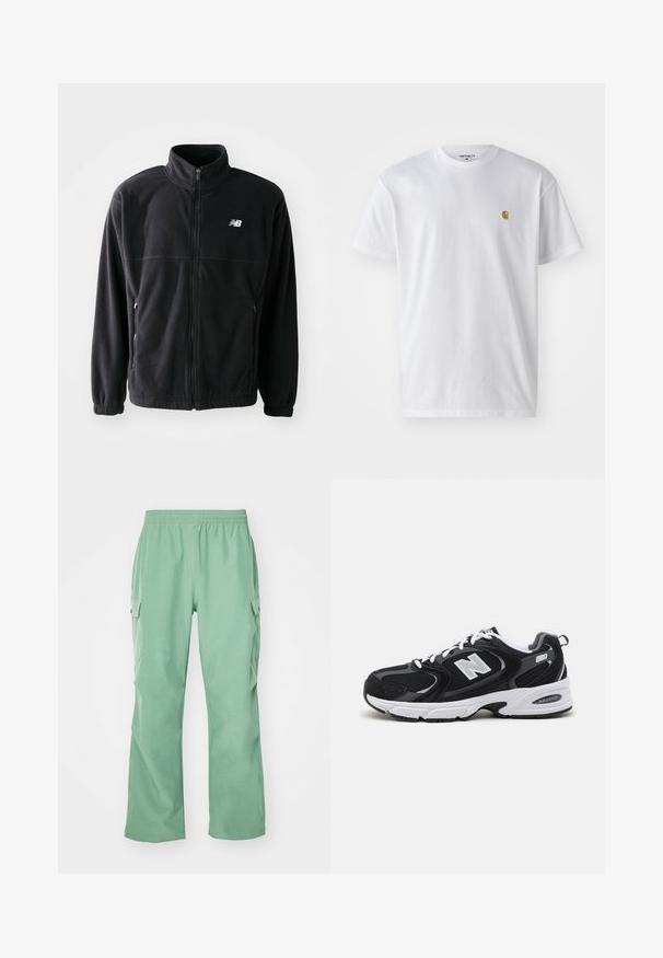 Veste en polaire noire avec fermeture éclair à l'avant, col haut, deux poches latérales et poignets élastiques. Logo New Balance en blanc sur le côté supérieur gauche.; T-shirt en coton blanc à manches courtes, col rond, avec un petit logo doré sur la poitrine gauche. Texture douce et coupe régulière.; Pantalons cargo vert clair avec une taille élastique, fabriqués à partir d'un tissu lisse, comportant deux poches latérales et une coupe droite.; Baskets de sport noires et grises avec un tige en mesh et en suède, présentant une semelle intermédiaire blanche, des lacets et un logo "N" audacieux sur le côté.