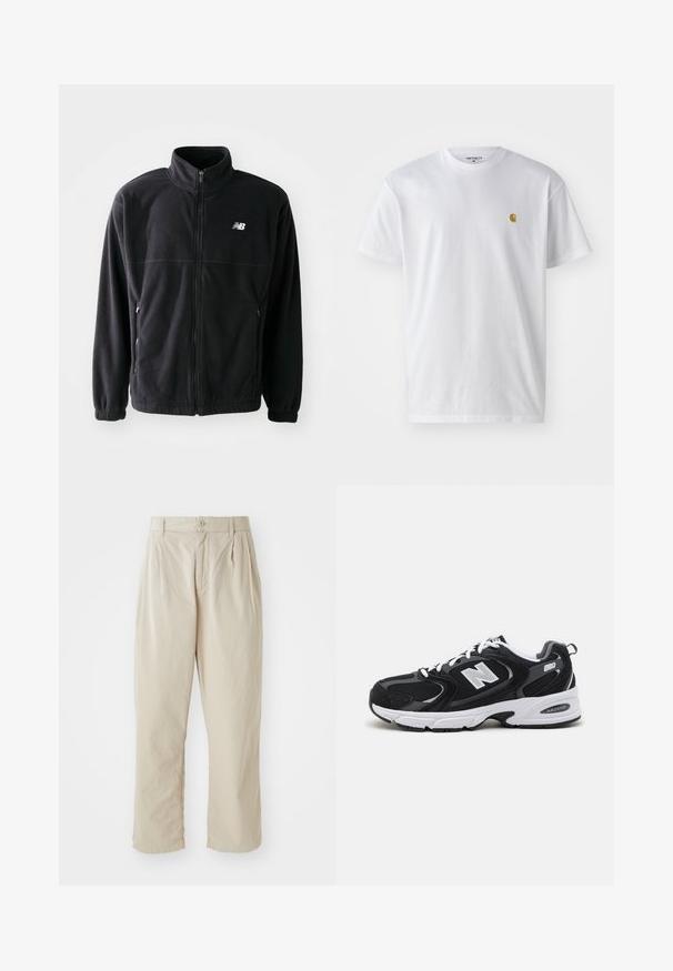 Veste en polaire noire avec fermeture éclair à l'avant, col haut, deux poches latérales et poignets élastiques. Logo New Balance en blanc sur le côté supérieur gauche.; T-shirt en coton blanc à manches courtes, col rond, avec un petit logo doré sur la poitrine gauche. Texture douce et coupe régulière.; Pantalons beiges légers avec une coupe décontractée, plis rentrés à l'avant, fermeture à bouton et ourlets retroussés. Texture lisse, design minimal.; Baskets de sport noires et grises avec un tige en mesh et en suède, présentant une semelle intermédiaire blanche, des lacets et un logo "N" audacieux sur le côté.