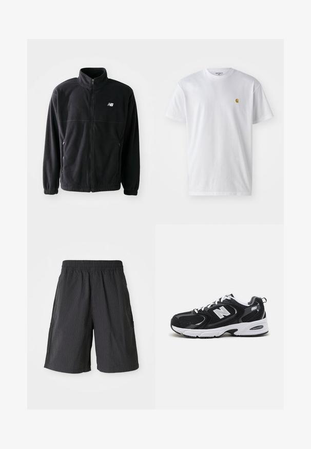 Veste en polaire noire avec fermeture éclair à l'avant, col haut, deux poches latérales et poignets élastiques. Logo New Balance en blanc sur le côté supérieur gauche.; T-shirt en coton blanc à manches courtes, col rond, avec un petit logo doré sur la poitrine gauche. Texture douce et coupe régulière.; Shorts noirs avec un design texturé et côtelé, taille élastique et deux poches latérales. Style décontracté, longueur au-dessus du genou.; Baskets de sport noires et grises avec un tige en mesh et en suède, présentant une semelle intermédiaire blanche, des lacets et un logo "N" audacieux sur le côté.