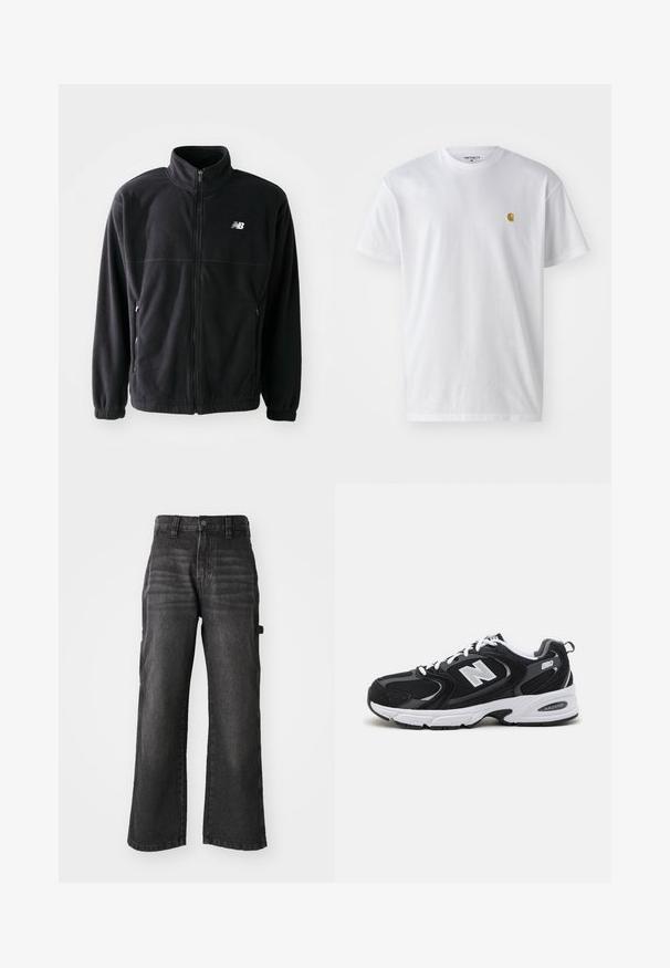 Schwarze Fleecejacke mit Reißverschluss vorne, hohem Kragen, zwei seitlichen Taschen und elastischen Bündchen. New Balance-Logo in Weiß auf der oberen linken Seite.; Weißes Baumwoll-T-Shirt mit kurzen Ärmeln, Rundhalsausschnitt, mit einem kleinen goldenen Logo im linken Brustbereich. Weicher Stoff und normale Passform.; Weite schwarze Denim-Hosen aus weich verarbeitetem Baumwollstoff mit einem ausgewaschenen Finish. Mit einem Knopfverschluss vorne und seitlichen Taschen.; Schwarze und graue Sportschuhe mit Obermaterial aus Mesh und Wildleder, ausgestattet mit einer weißen Zwischensohle, Schnürsenkeln und einem markanten "N"-Logo an der Seite.