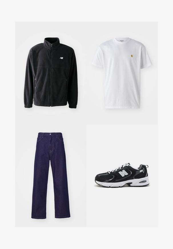 Schwarze Fleecejacke mit Reißverschluss vorne, hohem Kragen, zwei seitlichen Taschen und elastischen Bündchen. New Balance-Logo in Weiß auf der oberen linken Seite.; Weißes Baumwoll-T-Shirt mit kurzen Ärmeln, Rundhalsausschnitt, mit einem kleinen goldenen Logo im linken Brustbereich. Weicher Stoff und normale Passform.; Dunkelblaue Denim-Hosen mit weitem Bein und hoher Taille, ausgestattet mit vorderen Taschen und einem Knopfverschluss, der eine glatte, strapazierfähige Textur zeigt.; Schwarze und graue Sportschuhe mit Obermaterial aus Mesh und Wildleder, ausgestattet mit einer weißen Zwischensohle, Schnürsenkeln und einem markanten "N"-Logo an der Seite.