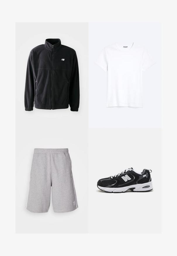 Sort fleecejakke med lynlås foran, høj krave, to sidelommer og elastiske manchetter. New Balance-logo i hvidt på den øverste venstre side.; Enkelt hvid T-shirt med korte ærmer og rund hals med synligt WEEKDAY-mærke i kraven, vist på en lys baggrund.; Grå sportshorts lavet af en blanding af bomuldsstof. Har sidelommer, elastisk talje og hvide sidestriber. Klassisk design.; Sorte og grå sportssko med mesh og ruskind på overdelen, der har en hvid mellemsål, snørebånd og et iøjnefaldende "N" logo på siden.