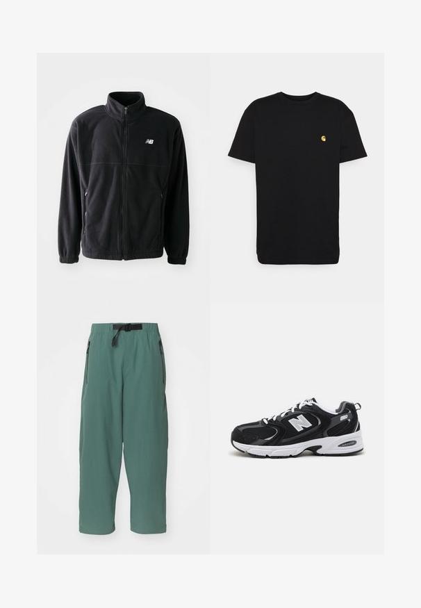 Schwarze Fleecejacke mit Reißverschluss vorne, hohem Kragen, zwei seitlichen Taschen und elastischen Bündchen. New Balance-Logo in Weiß auf der oberen linken Seite.; Schwarzes Baumwoll-T-Shirt mit kurzen Ärmeln, Rundhalsausschnitt und einem kleinen gelben Logo im linken Brustbereich. Einfaches Design und normale Passform.; Grüne, leichte Hose mit lockerer Passform. Verfügt über einen verstellbaren Bund und zwei seitliche Reißverschlusstaschen. Glatte Textur, cropped Länge.; Schwarze und graue Sportschuhe mit Obermaterial aus Mesh und Wildleder, ausgestattet mit einer weißen Zwischensohle, Schnürsenkeln und einem markanten "N"-Logo an der Seite.