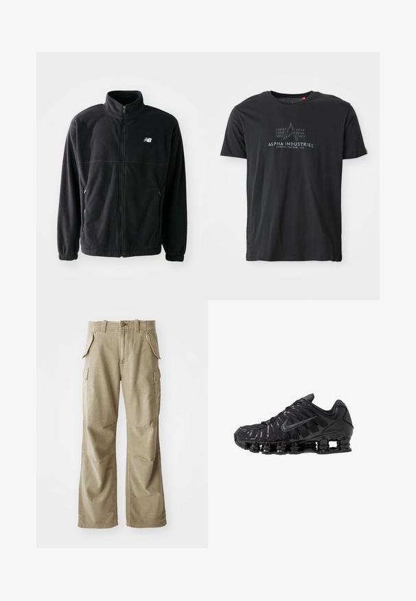 Čierna fleecová bunda so zipsom vpredu, vysokým golierom, s dvoma bočnými vreckami a elastickými rukávmi. Logo New Balance v bielej farbe na hornej ľavej strane.; Čierne bavlnené tričko s okrúhlym výstrihom s textúrovanou potlačou loga, na ktorej sú slová "ALPHA INDUSTRIES" a trojuholníkový dizajn v strede.; Béžové cargo nohavice vyrobené z odolného materiálu, s voľným strihom, viacerými bočnými vreckami a zosilnenými kolenami. Rovný predný dizajn.; Čierne športové topánky vyrobené zo sieťoviny a syntetických materiálov, s výrazným vlnitým dizajnom, čiernou gumovou podrážkou a reflexnými prvkami.