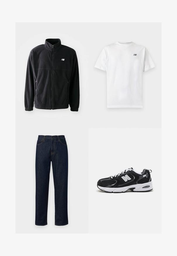 Zwarte fleecejack met een ritssluiting aan de voorkant, hoge kraag, twee zijzakken en elastische manchetten. New Balance-logo in het wit op de bovenste linkerzijde.; Witte T-shirt met korte mouwen en ronde hals met een klein zwart New Balance-logo op de linker bovenkant van de borst op een effen lichte achtergrond.; Donkerblauwe spijkerbroek van denim, met rechte pijpen, een medium hoge taille, oranje stiksels en een klassiek vijf-pocket ontwerp.; Zwarte en grijze sport schoenen met een bovenwerk van mesh en suede, voorzien van een witte tussenzool, veters en een gedurfde "N"-logo aan de zijkant.