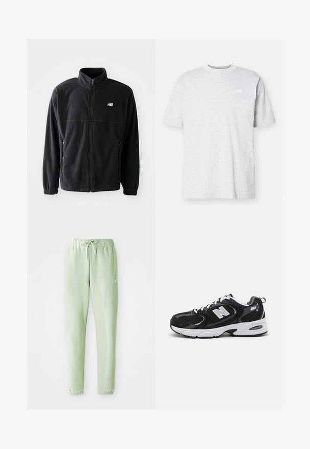 Zwarte fleecejack met een ritssluiting aan de voorkant, hoge kraag, twee zijzakken en elastische manchetten. New Balance-logo in het wit op de bovenste linkerzijde.; Lichtgrijs katoenen T-shirt met korte mouwen, ronde halslijn en een klein wit logo op de linkerborst. Zachte textuur, casual pasvorm.; Lichtgroene sweatpants van zachte katoen, met een elastische tailleband met trekkoord en taps toelopende benen, afgewerkt met gathered boorden.; Zwarte en grijze sport schoenen met een bovenwerk van mesh en suede, voorzien van een witte tussenzool, veters en een gedurfde "N"-logo aan de zijkant.