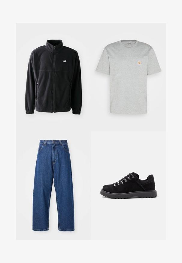 Čierna fleecová bunda so zipsom vpredu, vysokým golierom, s dvoma bočnými vreckami a elastickými rukávmi. Logo New Balance v bielej farbe na hornej ľavej strane.; Šedé bavlnené tričko s krátkymi rukávmi a okrúhlym výstrihom. Má ľavú náprsníkovú kapsu a malé logo značky v oranžovej farbe na kapsičke.; Džínsy s širokými nohavicami v tmavomodrej farbe. Majú vysoký pás, vypchávky na opasok a klasický dizajn s piatimi vreckami. Šitý lem s čistým zakončením.; Čierna semišová turistická obuv s hrubou gumovou podrážkou a kovovými očkami, šnurovaná sivými šnúrkami na bielom pozadí.