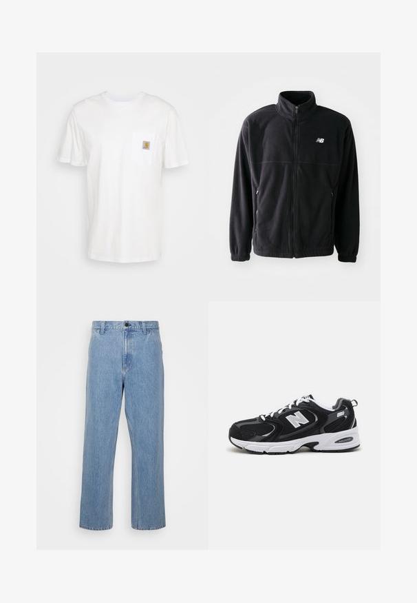 Schwarze Fleecejacke mit Reißverschluss vorne, hohem Kragen, zwei seitlichen Taschen und elastischen Bündchen. New Balance-Logo in Weiß auf der oberen linken Seite.; Weißes Baumwoll-T-Shirt mit kurzen Ärmeln, einer Brusttasche und einem kleinen quadratischen Logopatch in Orange und Weiß auf der Tasche.; Helle blaue Denim-Jeans mit geradem Beinanschnitt, ausgestattet mit einem Knopfverschluss und Gürtelschlaufen. Der Stoff hat eine dezente abgewetzte Textur.; Schwarze und graue Sportschuhe mit Obermaterial aus Mesh und Wildleder, ausgestattet mit einer weißen Zwischensohle, Schnürsenkeln und einem markanten "N"-Logo an der Seite.