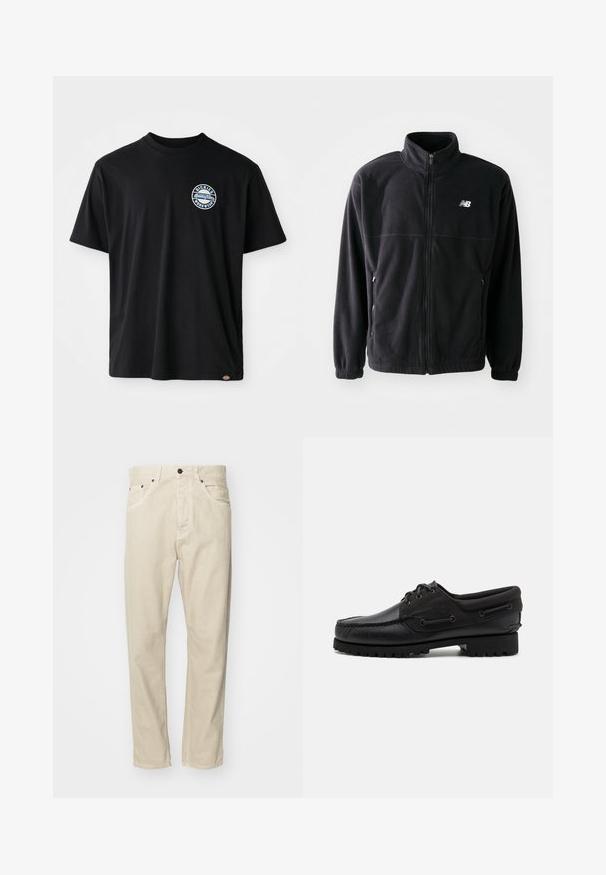 Sort fleecejakke med lynlås foran, høj krave, to sidelommer og elastiske manchetter. New Balance-logo i hvidt på den øverste venstre side.; Sort bomulds-T-shirt med et rundt logo på brystet. Korte ærmer og rund halsudskæring med lige snit ved kanten.; Beige, bomuldsbukser med lige pasform, fem lommer og metalhardware detaljer. Glat tekstur med minimale syninger.; Sort sko med overdel i læder, tekstilaccentuer, runde snørebånd og en tekstureret gummisål. Udstyret med mokkasinsyning og branddetalje.