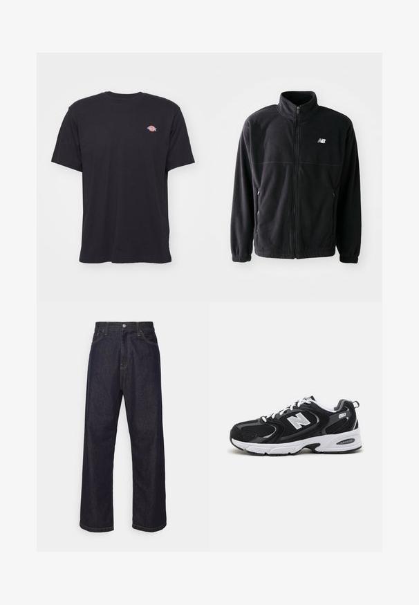 Sort fleecejakke med lynlås foran, høj krave, to sidelommer og elastiske manchetter. New Balance-logo i hvidt på den øverste venstre side.; Sort kortærmet t-shirt med rund hals og et lille farverigt Dickies-logo på venstre bryst mod en ensfarvet baggrund.; Mørkeblå lige ben denim jeans med gul syning, frontknap, lynlås og fem-lommer design.; Sorte og grå sportssko med mesh og ruskind på overdelen, der har en hvid mellemsål, snørebånd og et iøjnefaldende "N" logo på siden.