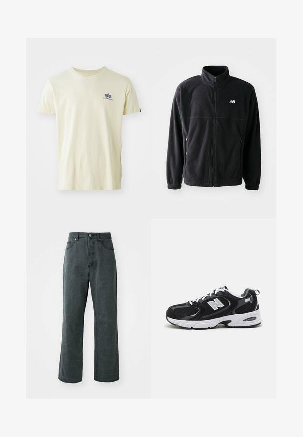 Chaqueta de forro polar negra con cremallera frontal, cuello alto, dos bolsillos laterales y puños elásticos. Logo de New Balance en blanco en la parte superior izquierda.; Camiseta beige de manga corta con cuello redondo y pequeño logo azul de Alpha Industries en la parte superior izquierda del pecho.; Vaqueros de patas anchas en gris oscuro, hechos de denim, con una cintura alta, diseño de cinco bolsillos y una sutil textura desgastada.; Zapatillas deportivas en negro y gris con parte superior de malla y ante, que cuentan con una entresuela blanca, cordones y un llamativo logo "N" en el lateral.