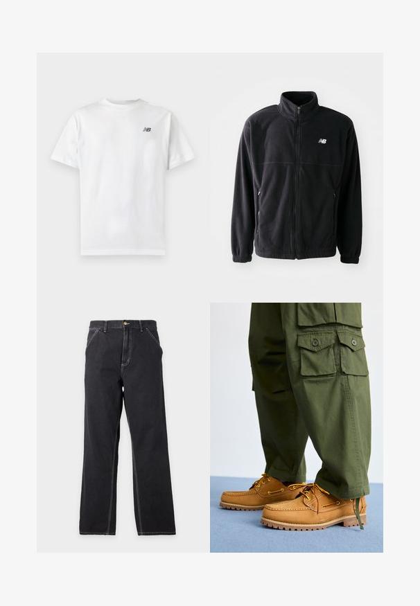 Schwarze Fleecejacke mit Reißverschluss vorne, hohem Kragen, zwei seitlichen Taschen und elastischen Bündchen. New Balance-Logo in Weiß auf der oberen linken Seite.; Weißes T-Shirt mit kurzen Ärmeln und Rundhalsausschnitt mit kleinem schwarzem New Balance-Logo auf der oberen linken Brust auf einem einfarbigen hellen Hintergrund.; Schwarze Jeans mit geradem Bein, Vordertaschen, Gürtelschlaufen und sichtbaren weißen Nähten auf einfachem hellgrauem Hintergrund.; Timberland AUTHENTIC 3 EYE - Bootsschuh - wheat