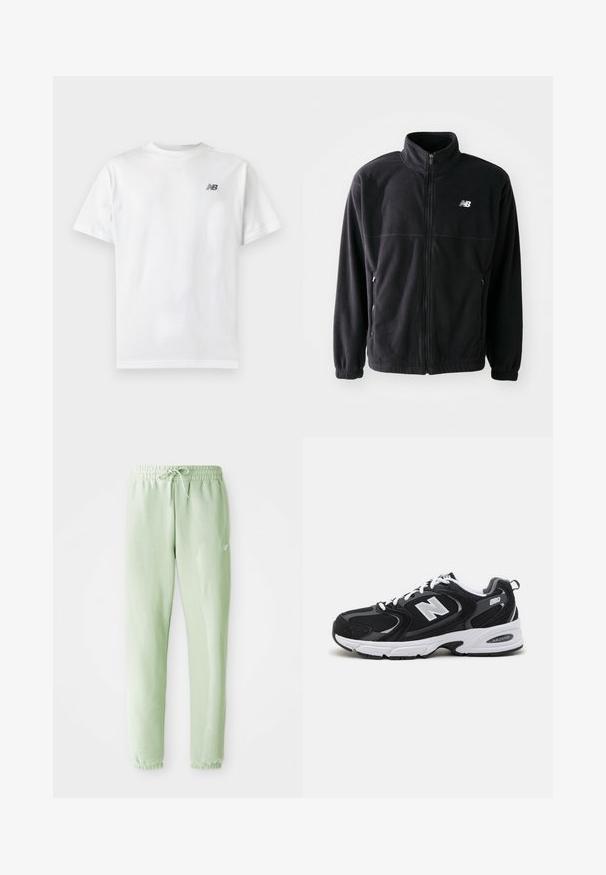 Čierna fleecová bunda so zipsom vpredu, vysokým golierom, s dvoma bočnými vreckami a elastickými rukávmi. Logo New Balance v bielej farbe na hornej ľavej strane.; Biele tričko s krátkym rukávom a okrúhlym výstrihom s malým čiernym logom New Balance v hornej ľavej časti hrudníka na jednofarebnom svetlom pozadí.; Svetlozelené tepláky vyrobené z mäkkého bavlneného materiálu, s elastickým pásom na šnúrku a zúženými nohavicami, dokončené sťahovacími manžetami.; Čierne a šedé športové topánky s hornou časťou z mikrovlákna a zamatu, s bielou medzipodrážkou, šnúrkami a výrazným logom "N" na boku.