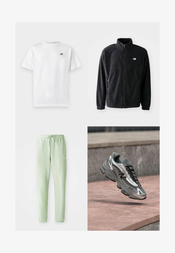 Schwarze Fleecejacke mit Reißverschluss vorne, hohem Kragen, zwei seitlichen Taschen und elastischen Bündchen. New Balance-Logo in Weiß auf der oberen linken Seite.; Weißes T-Shirt mit kurzen Ärmeln und Rundhalsausschnitt mit kleinem schwarzem New Balance-Logo auf der oberen linken Brust auf einem einfarbigen hellen Hintergrund.; Helle grüne Jogginghosen aus weichem Baumwollstoff, mit einem elastischen Bund und Kordelzug, schmal zulaufenden Beinen und gerüschten Bündchen.; Grauer und silberner New Balance Sneaker mit der Aufschrift "1000", der über einer rosa-steinernen Oberfläche vor einem grauen Steinmauer-Hintergrund schwebt.