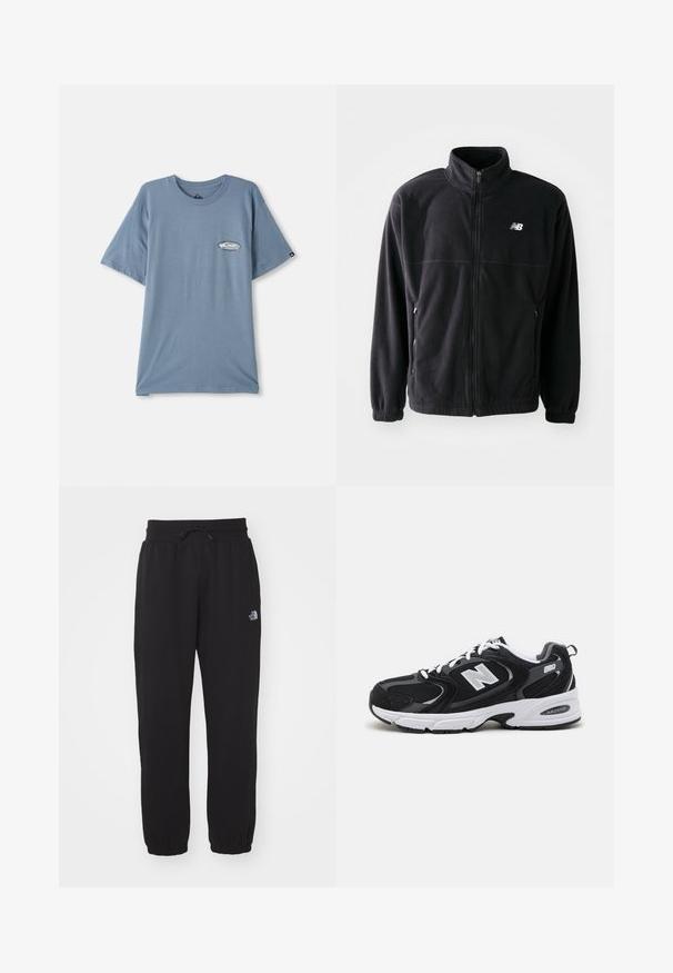 Zwarte fleecejack met een ritssluiting aan de voorkant, hoge kraag, twee zijzakken en elastische manchetten. New Balance-logo in het wit op de bovenste linkerzijde.; Blauwe katoenen t-shirt met korte mouwen, ronde hals, en een kleine logo-opdruk op de linkerborst. Zachte textuur, ontspannen pasvorm.; Zwarte sweatpants van zachte stof, met een elastische tailleband en trekkoord, smalle boorden bij de enkels en een klein logo op de bovenkant van de bovenbeen.; Zwarte en grijze sport schoenen met een bovenwerk van mesh en suede, voorzien van een witte tussenzool, veters en een gedurfde "N"-logo aan de zijkant.