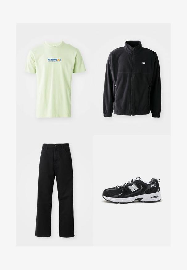 Sort fleecejakke med lynlås foran, høj krave, to sidelommer og elastiske manchetter. New Balance-logo i hvidt på den øverste venstre side.; Lys grøn bomulds T-shirt med et blåt og orange "ellesse" logo foran. Klassisk crew neck design med korte ærmer.; Sorte denimbukser med lige snit, der har frontlommer, lynlås og en enkelt knap i toppen. Struktureret stof med en mat finish.; Sorte og grå sportssko med mesh og ruskind på overdelen, der har en hvid mellemsål, snørebånd og et iøjnefaldende "N" logo på siden.