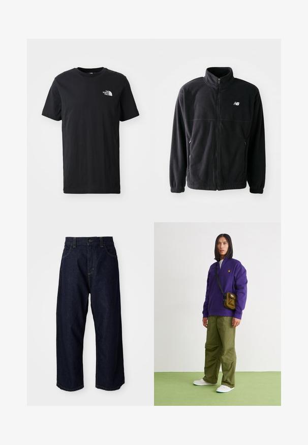 Sort fleecejakke med lynlås foran, høj krave, to sidelommer og elastiske manchetter. New Balance-logo i hvidt på den øverste venstre side.; Sort bomulds t-shirt med korte ærmer, rund hals, med et lille hvidt logo på venstre bryst. Blød tekstur, afslappet pasform.; Mørkeblå denimbukser med en afslappet pasform, der har en knapclosure, bæltestropper og gule syninger på lommer og sømme.; Jordan AIR JORDAN 1 ZM CMFT 2 - Sneakers high - summit white/bicoastal/oxidized green