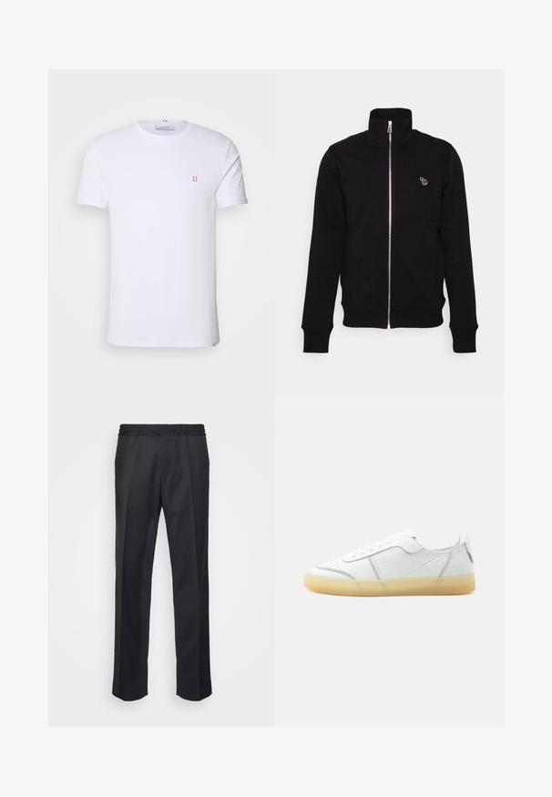 Veste noire zippée avec col montant, en tissu doux. Présente des poignets et un ourlet côtelés, ainsi qu'un petit détail brodé sur la poitrine.; T-shirt en coton blanc à manches courtes, avec un petit logo orange "II" sur la poitrine gauche et un col rond. Design et texture simples.; Pantalons noirs à coupe décontractée, dotés d'une taille élastique, de jambes droites et d'une texture en tissu douce et lisse.; Baskets basses en cuir blanc avec semelle beige translucide, lacets à l’avant et détails de couture minimalistes, vues de côté sur un fond uni.
