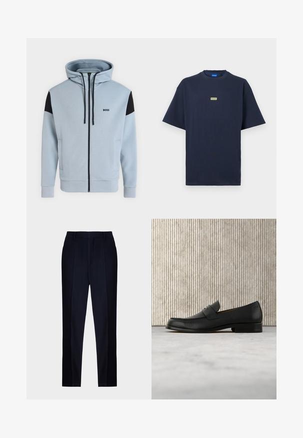 Lyseblå hættetrøje med fuld lynlås, sorte skulderlapper, snore, sidelommer og "BOSS"-logo på venstre bryst.; Marineblå T-shirt med korte ærmer og et lille beige rektangulært logo med teksten "HUGO" centreret på brystet.; Mørkeblå skræddersyede bukser med en glat tekstur, der har flad front, bæltehuller og en slank, tapered ben design.; Sort lædersko i loafer-stil svæver over et beige tæppe med et blankt brunt rundt bord i baggrunden.