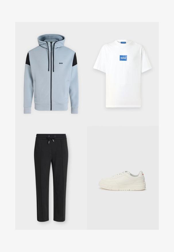 Hellblauer Kapuzenpullover mit durchgehendem Reißverschluss, schwarzen Schulterpatches, Kordelzügen, Seitentaschen und "BOSS"-Logo auf der linken Brust.; Weißes Baumwoll-T-Shirt mit kurzen Ärmeln und rundem Ausschnitt. Auf der Vorderseite zentriert befindet sich ein blaues rechteckiges Logo mit der Aufschrift "HUGO".; Schwarze, schmal zulaufende Hose mit elastischem Bund und Kordelzug, mit feiner vertikaler Rippenstruktur.; Weißes Sneaker-Modell mit einer glatten Lederoberfläche, runder Zehenpartie, flachen Schnürsenkeln und einer strukturierten Gummisohle. Ein roter Akzent befindet sich an der Ferse.