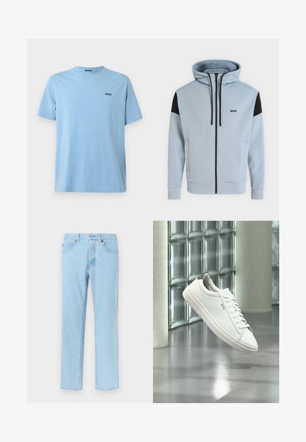 Sweat à capuche bleu clair zippé intégral avec empiècements noirs aux épaules, cordons, poches latérales et logo "BOSS" sur la poitrine gauche.; T-shirt bleu clair à manches courtes en coton. Présente un col rond et un petit logo sombre positionné sur la partie gauche de la poitrine.; Jean en denim bleu clair à jambes droites avec fermeture avant par bouton et fermeture éclair, poches avant et passants pour ceinture, présenté sur un fond uni.; Baskets basses en cuir blanc avec lacets, languette de talon noire et logo « BOSS », flottant à l'intérieur près d'un mur en blocs de verre et d'un sol poli.