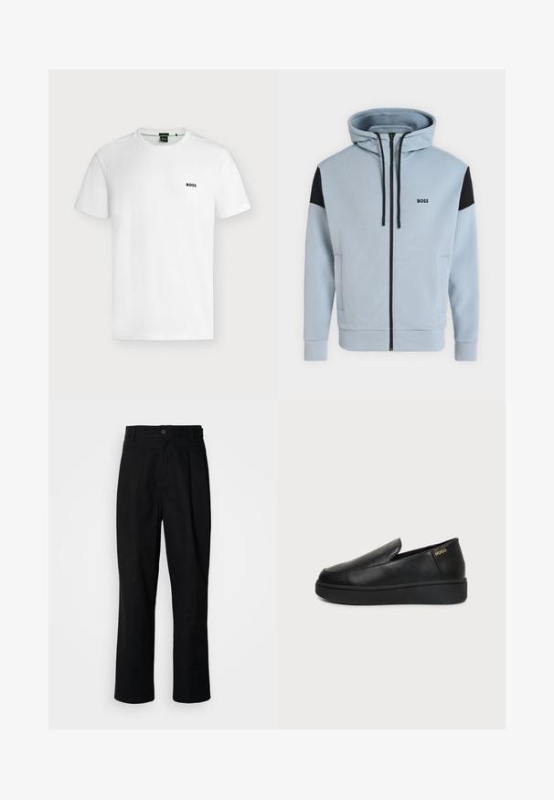 Hellblauer Kapuzenpullover mit durchgehendem Reißverschluss, schwarzen Schulterpatches, Kordelzügen, Seitentaschen und "BOSS"-Logo auf der linken Brust.; Schlichtes weißes T-Shirt mit kurzen Ärmeln und kleinem schwarzen "BOSS"-Logo auf der linken Brust, vor hellem Hintergrund gezeigt.; Schwarze gerade geschnittene Hosen mit einem Knopfverschluss, Gürtelschlaufen und Vorderfalten, vor einem schlichten weißen Hintergrund präsentiert.; Schwarzer Lederschlupfschuh mit dicker Sohle und kleinen seitlichen Belüftungslöchern, mit goldenem "HUGO"-Logo nahe der Ferse.