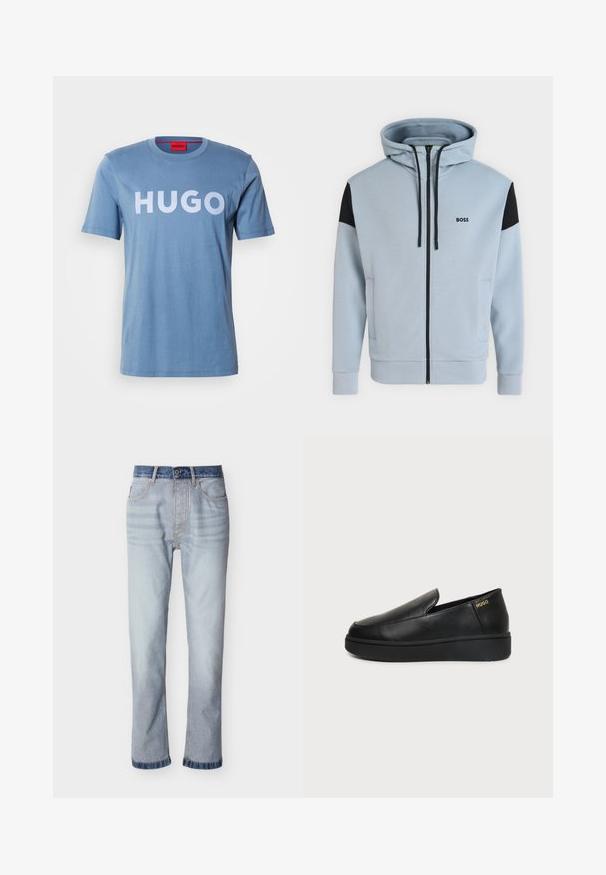 Hellblauer Kapuzenpullover mit durchgehendem Reißverschluss, schwarzen Schulterpatches, Kordelzügen, Seitentaschen und "BOSS"-Logo auf der linken Brust.; Helles blaues Baumwoll-T-Shirt mit kurzen Ärmeln, mit einem großen weißen "HUGO"-Logo auf der Vorderseite. Einfacher Rundhalsausschnitt, glatte Textur.; Hellblaue Jeans aus Denim mit einem dunkelblauen Bund, geradem Beinverlauf, fünf Taschen und sichtbaren Nahtdetails.; Schwarzer Lederschlupfschuh mit dicker Sohle und kleinen seitlichen Belüftungslöchern, mit goldenem "HUGO"-Logo nahe der Ferse.