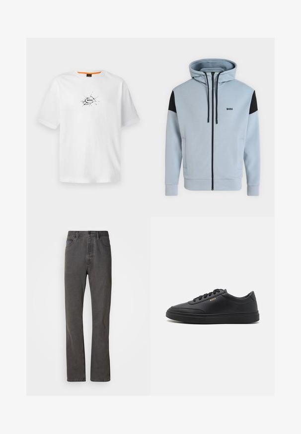 Lichtblauwe hoodie met volledige rits, zwarte schouderstukken, koordjes, zijzakken en het "BOSS"-logo op de linkerborst.; Witte katoenen t-shirt met een ronde hals, voorzien van een zwart gebarsten ontwerp en het woord "BOSS" in het midden. Korte mouwen.; Grijze spijkerbroek met een rechte pijp, voorzien van voorzakken, een knoopsluiting en een subtiele textuur.; Zwarte leren sneakers met een gladde textuur, ronde neus, platte rubberen zool en tonale veters. Kenmerkt zich door de gouden "BOSS" branding aan de zijkant.
