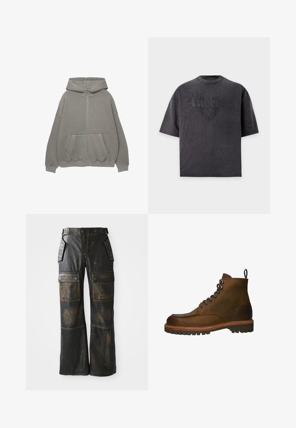 Grå hættetrøje med lynlås, stor hætte, oversized pasform, kengurulommer og ribbede manchetter og bund. Blødt, tykt stof med minimale sømme.; Sort oversized T-shirt med korte ærmer med subtilt mørkt grafisk motiv og ordet "pamelk" i stiliseret skrifttype på brystet.; Sorte læder cargo bukser med en slidt tekstur, der har store sidelommer, høj talje og kontrasterende syninger langs sømmene.; Brune læder ankelstøvler med rundt tå, metal øjer og en robust gummisål. Indeholder en trækflap for nem påtagning.
