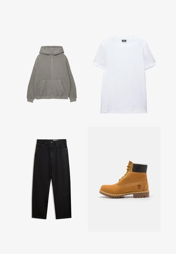 Haut zipé gris avec une grande capuche, coupe oversized, poches kangourou et finitions côtelées aux poignets et à l'ourlet. Tissu doux et épais avec des coutures minimales.; T-shirt blanc uni à manches courtes, col rond, avec une étiquette noire Pull&Bear à l'intérieur du col, présenté sur fond blanc.; Pantalons en denim noir à coupe évasée. Comprend cinq poches, fermeture à bouton en métal et coutures contrastées. Texture lisse, design minimaliste.; Bottine en cuir brun avec œillets en métal, doublure en fourrure blanche, col rembourré noir, semelle robuste et logo en relief sur le côté.