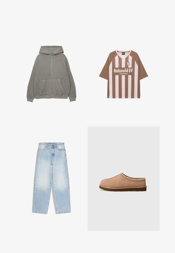 Harmaa vetoketjuhuppari, jossa on iso huppu, ylisuuri malli, kenguru-taskut sekä ribbauskudot hihansuissa ja helmassa. Pehmeä, paksu kangas, jossa on minimaliset saumat.; Ruskea ja beige lyhythihainen pystyraidallinen jalkapallopaita, jossa rintapanssarissa teksti "Rotsveld SV Amsterdam" ja joukkueenlogo.; Vaaleansiniset, korkeavyötäröiset suoralahkeiset farkut, joissa on etutaskut, nappisuljenta ja haalistumista reisien ja polvien kohdalla.; UGG TASMAN II - Tohvelit - rocky oak