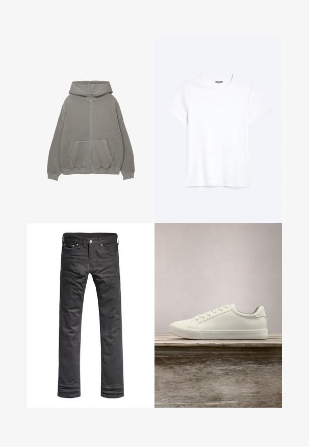 Haut zipé gris avec une grande capuche, coupe oversized, poches kangourou et finitions côtelées aux poignets et à l'ourlet. Tissu doux et épais avec des coutures minimales.; T-shirt blanc uni à manches courtes et col rond avec une étiquette de la marque WEEKDAY visible au niveau du col, présenté sur un fond clair.; Jeans en denim noir avec un design classique à jambes droites. Comprend des poches avant, une fermeture à bouton et des détails de couture subtils.; Sneaker en dentelle blanche flottant au-dessus d'un banc en bois avec un feuillage vert en arrière-plan, mettant en valeur le design et la texture de la chaussure.