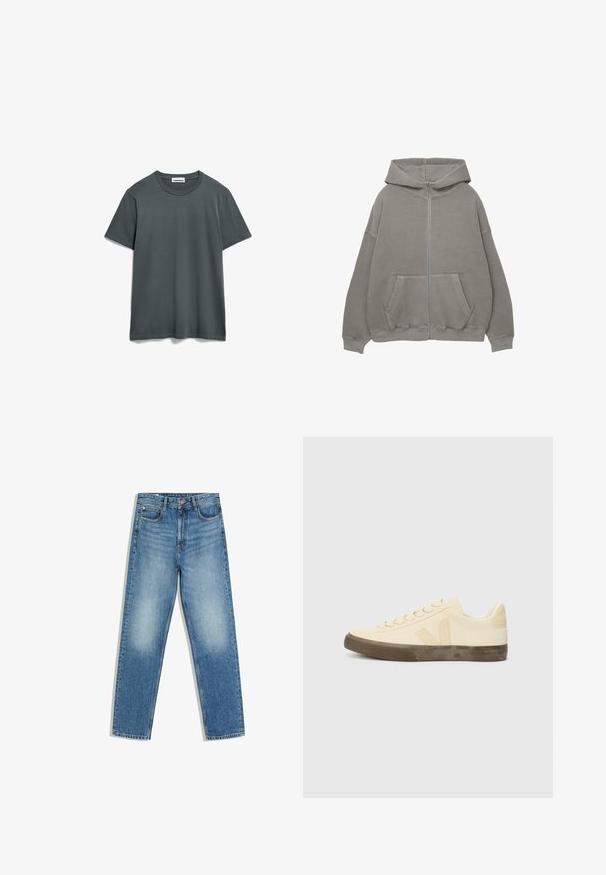 Grijze ritskap met een grote capuchon, oversized pasvorm, kangoeroezakken en ribgebreide manchetten en boord. Zacht, dik materiaal met minimale naden.; Donkergrijze katoenen t-shirt met een ronde hals, korte mouwen en een comfortabele pasvorm. Geen zichtbare patronen of grafische elementen. Eenvoudig ontwerp.; Blauwe spijkerbroek met een hoge taille, knoop en rits aan de voorkant, twee voorzakken en vervaagde plekken op de dijen en knieën.; Beige canvas sneaker met ronde neus, platte veters en een getextureerde bruine rubberen zool. Heeft een logo op de zijkant en een minimalistisch ontwerp.