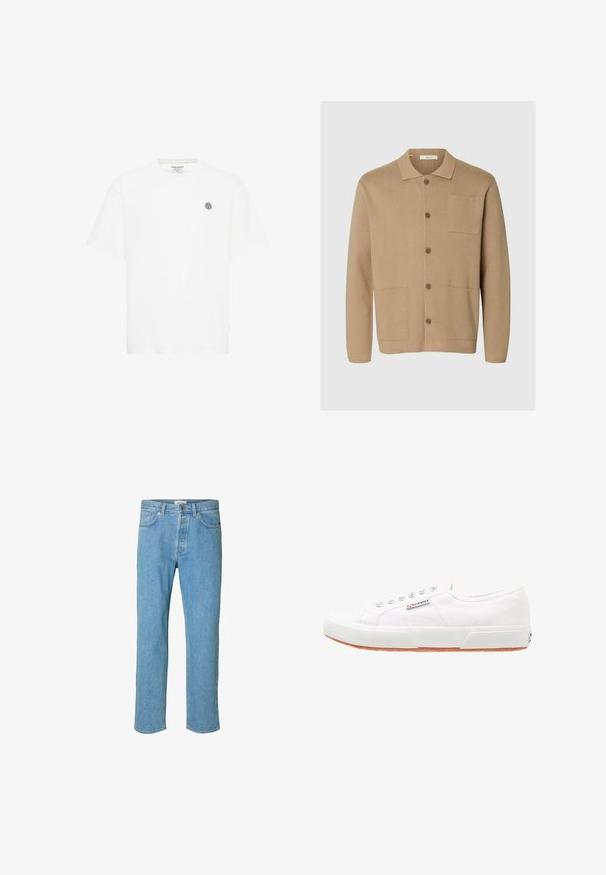 Cárdigan de punto beige con cuello tipo solapa, cinco botones y dos bolsillos frontales. Presenta un bolsillo en el lado izquierdo del pecho y una textura suave.; Camiseta de manga corta blanca con un cuello redondo y un pequeño logo geométrico gris en el lado izquierdo del pecho. Fabricada en suave material de algodón.; Jeans de mezclilla azul claro con un diseño de pierna recta. Las características incluyen una bragueta con botón, cinco bolsillos y detalles cosidos a lo largo de las costuras.; Zapatillas de lona blancas con suela de goma, diseño de cordones y una pequeña etiqueta con el logo en el lateral. Parte superior texturizada blanca y suela marrón.