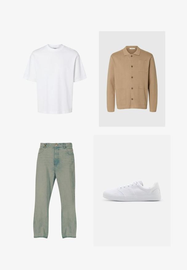 Beige striktrøje med krave, fem knapper og to frontlommer. Har en venstre brystlomme og en blød tekstur.; Enkelt hvid t-shirt med korte ærmer og rund hals med afslappet pasform, vist på en ensfarvet baggrund.; Lyseblå jeans med lige ben, forrest knapper, bæltestropper og forlommer, vist mod en hvid baggrund.; Hvide lærreds sneakers med gummisål, der har seks snørehuller, en struktureret tåkap og et minimalistisk design.