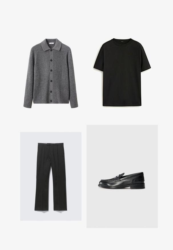 Grå cardigan med ribbet struktur, krave og knaplukning foran. Har seks sorte knapper og lange ærmer.; Sort bomulds T-shirt med klassisk rund hals, korte ærmer og afslappet pasform. Glat tekstur, ingen mønstre eller udsmykninger.; Sort stribede bukser med lige ben-design, der har en glat stoftekstur og to sidelommer.; Sort læder loafersko med syninger langs oversiden og et dekorativt bånd. Har en lav stabelhæl og en glat finish.