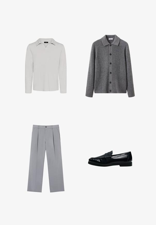Grå cardigan med ribbet struktur, krave og knaplukning foran. Har seks sorte knapper og lange ærmer.; Matinique MAV - Poloshirts - lunar rock; Grå plisserede bukser med en afslappet pasform, lavet af et letvægtsstof. Har forlommer og en knaplukning i taljen.; Sort herre penny loafer i læder med syninger på mok-toe og lav hæl, vist i sideprofil på hvid baggrund.