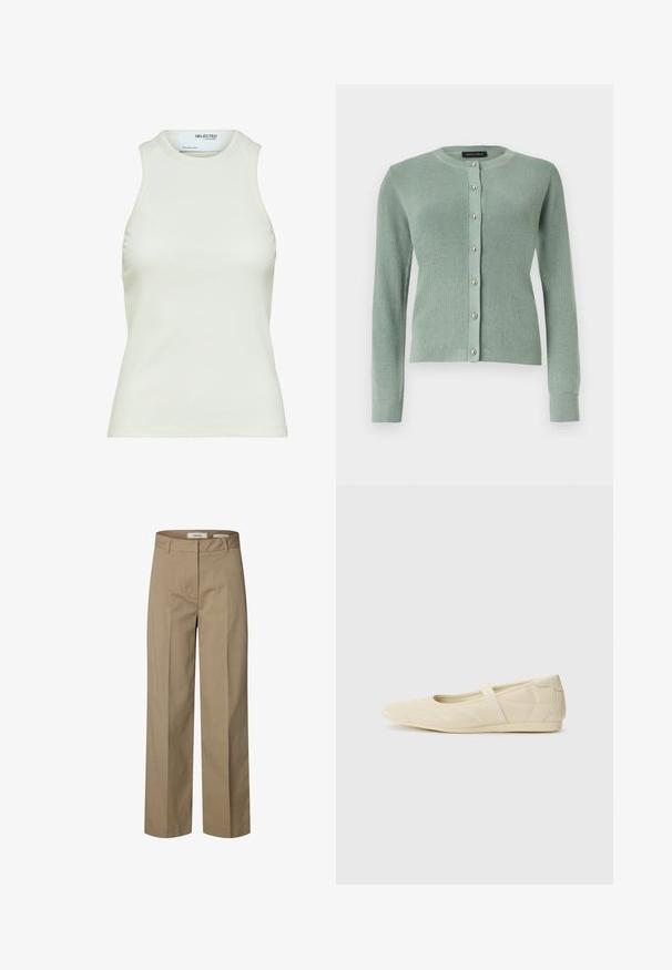 Hellgrüne Strickjacke mit langen Ärmeln, rundem Ausschnitt und silbernen Knöpfen vorne in der Mitte.; Ärmelloses weißes geripptes Tanktop mit rundem Ausschnitt von Selected Femme, zeigt Vorderansicht ohne Muster oder Dekorationen.; Beige gerade geschnittene Hose mit Gürtelschlaufen, vorderer Nahtdetail und verdecktem Frontverschluss.; Beige Ballerinas aus glattem Leder mit mandelförmiger Zehenpartie und elastischem Riemen über dem Fußrücken, ausgestattet mit dezenten Nähtelementen.
