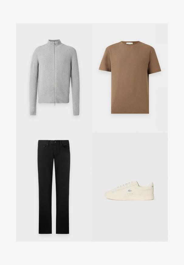 Grijze geribbelde sweater met rits en hoge kraag, lange mouwen en een aansluitend model. Gemaakt van een zachte gebreide stof met textuurelementen.; Bruine T-shirt met korte mouwen en ronde hals van gestructureerde stof met label "Pier One" in de kraag, getoond op een witte achtergrond.; Zwarte jeans met rechte pijpen en vijf zakken, riemlussen en een knoopsluiting in de taille, afgebeeld tegen een effen achtergrond.; Crème-kleurige sneaker met een gladde textuur, afgeronde vorm, vetersluiting, subtiele perforaties en een zilveren logo aan de zijkant.